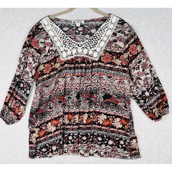 Unity World Wear Boho Top Womens XL Beige Crochet Neckline Flowy Cottagecore - Picture 2 of 15